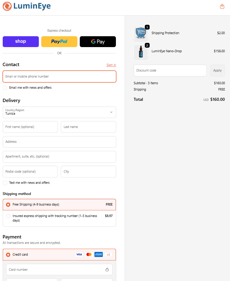 LuminEye secure checkout page
